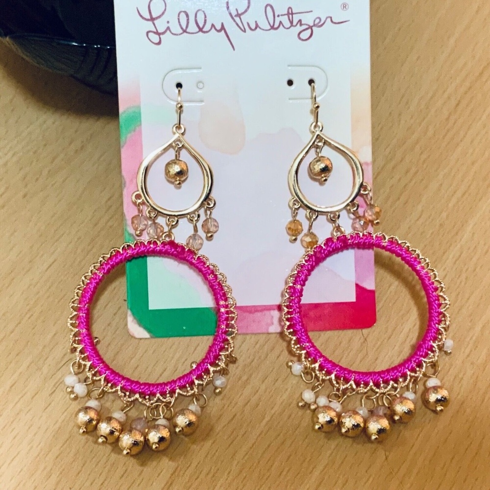 LILLY PULITZER NWT EARRINGS BEACHCOMBER Gypsy Boho HOT PINK ⭐️DANGLING /Pierced - Picture 3 of 16